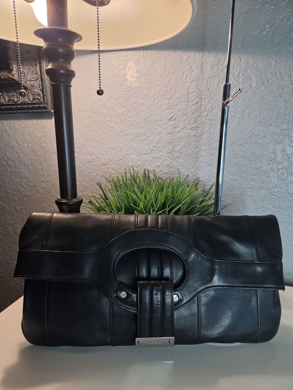 VINTAGE L.A.M.B. Gwen Stefani Carlisle Black Leather Foldover Convertible Clutch